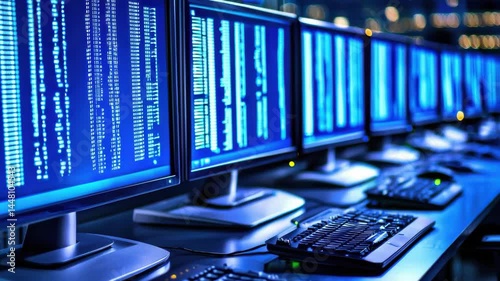 Wallpaper Mural Computer monitor and keyboard setup in data center technology with blue screen code analysis Torontodigital.ca