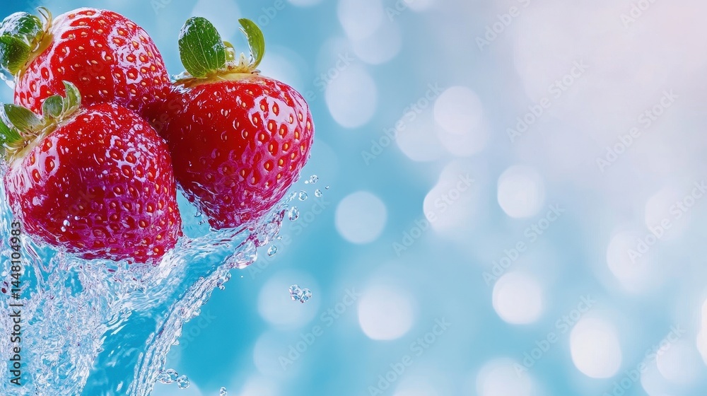 Fresh strawberries splashing into clear water with a blurred blue background, evoking freshness