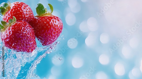 Obraz na płótnie Fresh strawberries splashing into clear water with a blurred blue background, evoking freshness w salonie