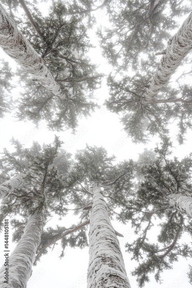 Fototapeta premium Snow-covered trees reach towards a bright, overcast sky, creating a serene, wintry perspective from below