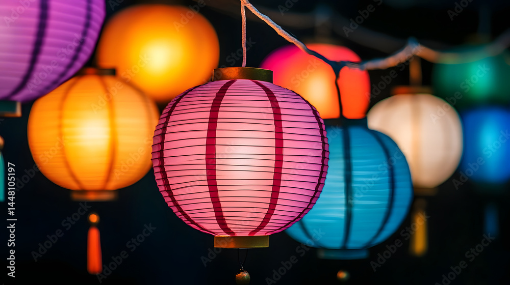 Obraz premium Colorful paper lanterns glowing at night during a festive