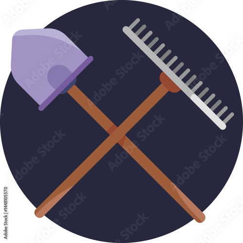 Rake and shovel crossed, symbolizing autumn yard work and seasonal cleanup.