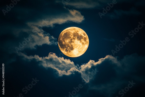 Ethereal beauty of a full moon surrounded by dramatic swirling clouds