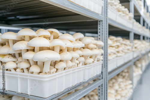 Mushroom farm: A pristine harvest of white mushrooms, cultivated in a modern, indoor agricultural setting. Quality produce destined for culinary uses.