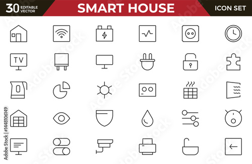 Smart house Line icon set. Sustainable development. Contains such icons as renewable energy, autonomous building, air and water quality.