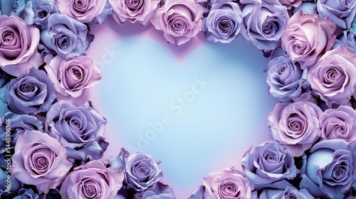 Dusty purple roses densely encircle the entire perimeter, forming a vibrant floral frame. Abstract blue and pink gradient background with elegant lilac hues. Ideal for Valentine's Day, Mother's Day