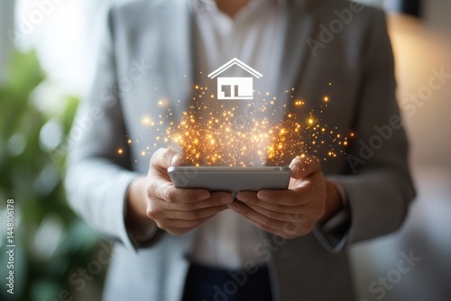 Business professional using a tablet with a glowing house icon, showcasing digital real estate services
