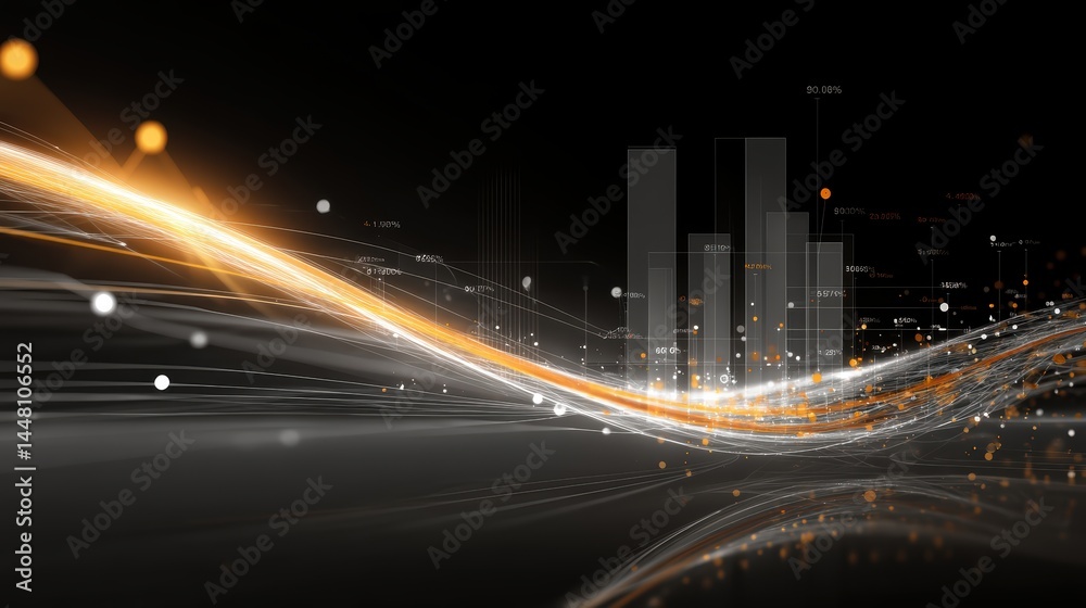 Abstract financial data visualization with golden light streaks and charts on black background for business technology and future concepts shows information flow Abstract financial data visualization with golden light streaks and charts on black background for business technology and future concepts shows information flow