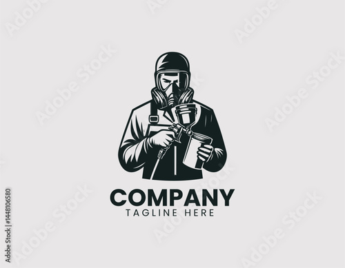 Focused Car Painter Protective Suit Spraying Paint Vector Logo Design