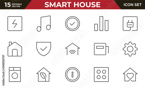 Smart house Line icon set. Sustainable development. Contains such icons as renewable energy, autonomous building, air and water quality.