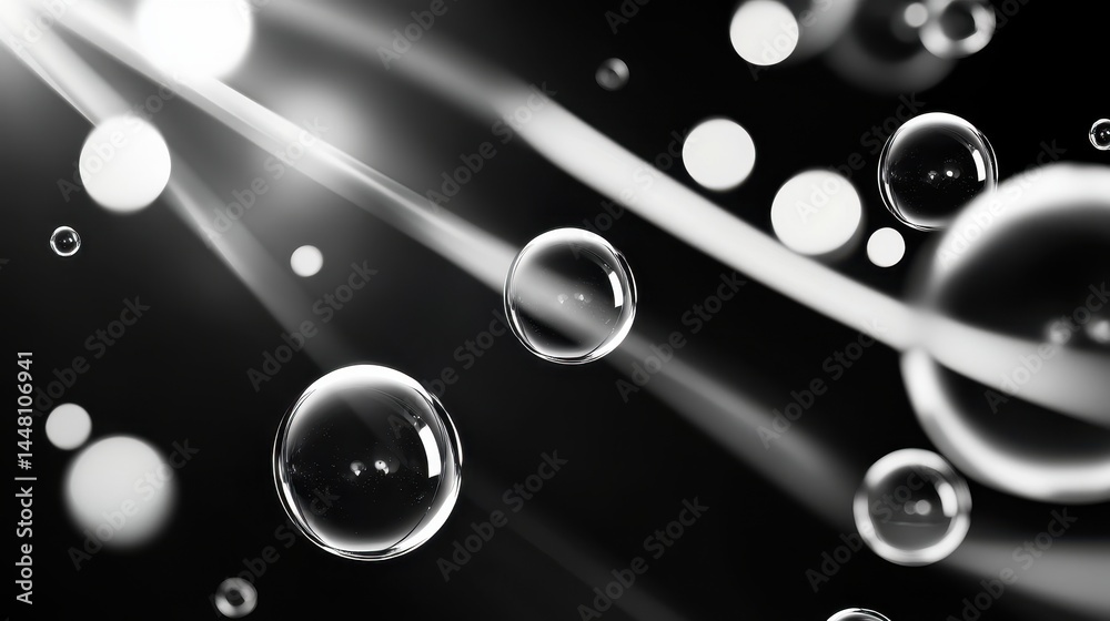 Abstract composition of bubbles floating in a dark space with light beams creating depth