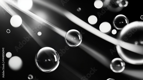 Obraz na płótnie Abstract composition of bubbles floating in a dark space with light beams creating depth w salonie