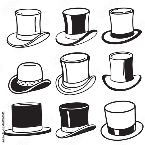  different style black vector of top hat silhouette	
