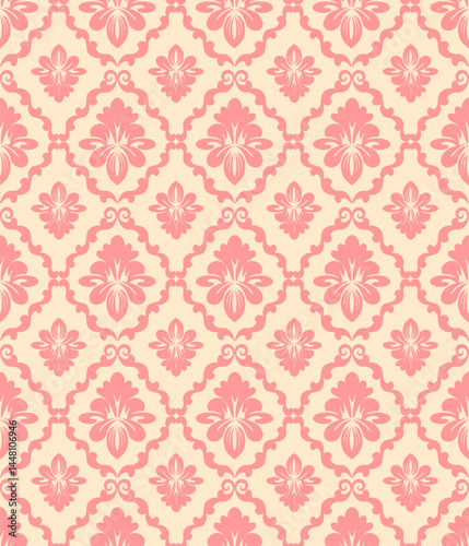 Pink floral seamless damask pattern, vintage design, vector illustration elegant for textile. wall paper, bedding, curtains, cushion cover, scarf, rug, upholstery fabric, fashion, luxury design