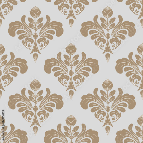 Damask seamless pattern with brown floral elements and gray background, vintage design, vector illustration elegant for textiles, wall paper, bedding, wrapping, curtains, cushion cover, rug, scarf