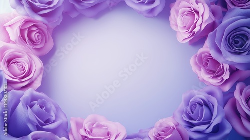 Dusty purple roses densely encircle the entire perimeter, forming a vibrant floral frame. Abstract blue and pink gradient background with elegant lilac hues. Ideal for Valentine's Day, Mother's Day