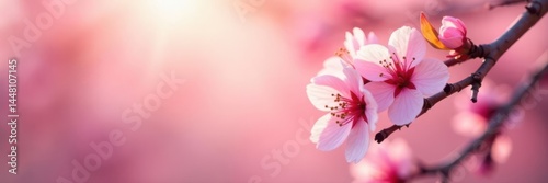 Delicate pink cherry blossoms, sunlit branches, soft focus background , bloom, korea