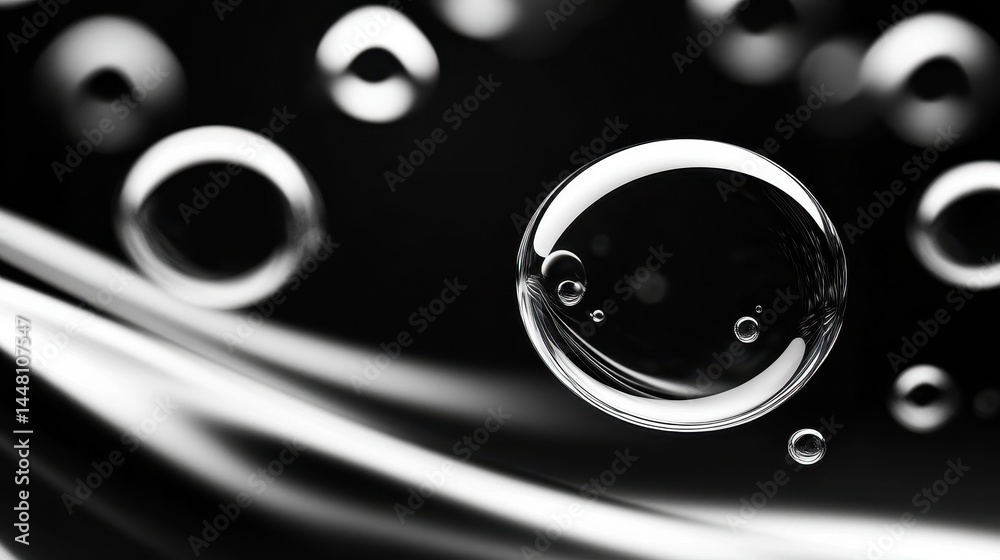 Abstract image of bubbles floating in a dark space with soft flowing lines in the background