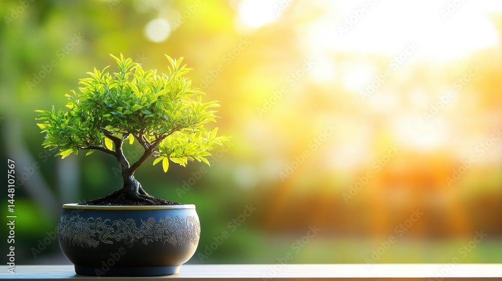 Vibrant bonsai tree in decorative pot, basking in sunlight with a serene garden backdrop