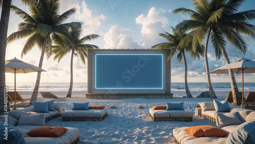 Luxury beach cinema experience screened against palm trees during summer vacation days