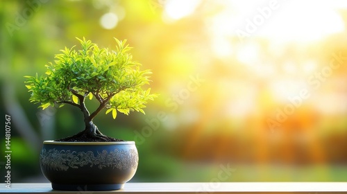 Obraz na płótnie Vibrant bonsai tree in decorative pot, basking in sunlight with a serene garden backdrop w salonie