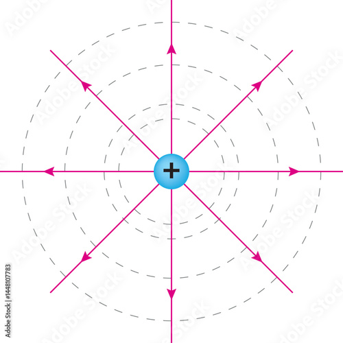 Red electric field lines and dashed gray equipotential surfaces for the blue positive point charge.