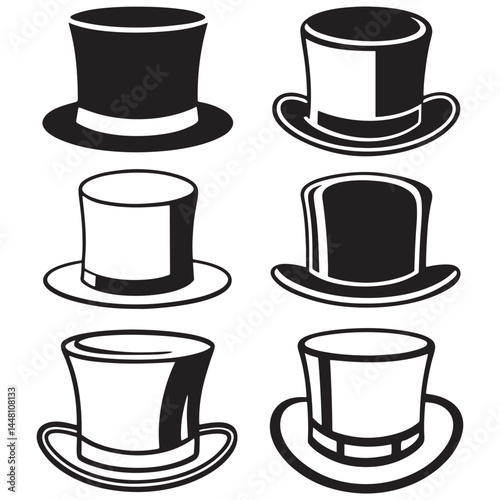  different style black vector of top hat silhouette	
