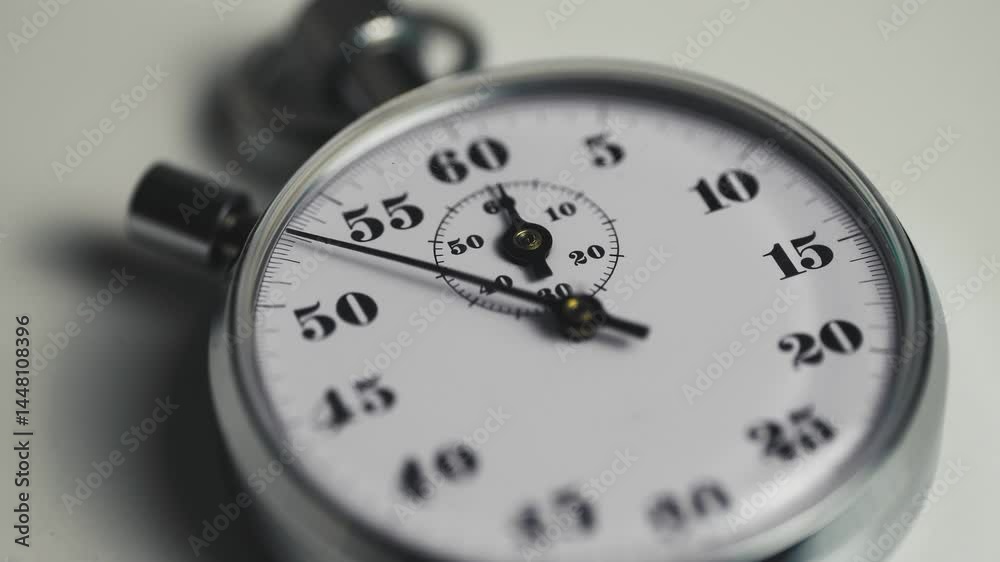 Close-up of a classic analog stopwatch counting seconds in real time. Precision timing concept symbolizing speed, accuracy, deadlines, time management in sports, business, or productivity contexts. Close-up of a classic analog stopwatch counting seconds in real time. Precision timing concept symbolizing speed, accuracy, deadlines, time management in sports, business, or productivity contexts.