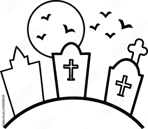 Spooky graveyard with tombstones silhouette illustration