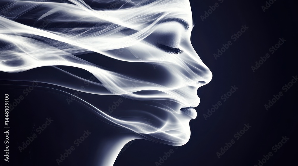 Ethereal silhouette of a woman with flowing hair against a dark background, evoking tranquility