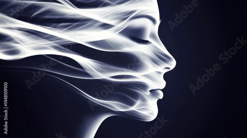 Obraz na płótnie Ethereal silhouette of a woman with flowing hair against a dark background, evoking tranquility w salonie