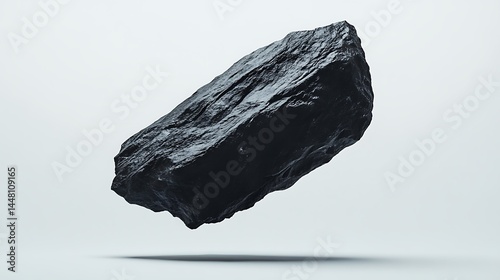 Textured black rare stone levitating in space showing intricate patterns and a rough mineral surface on white