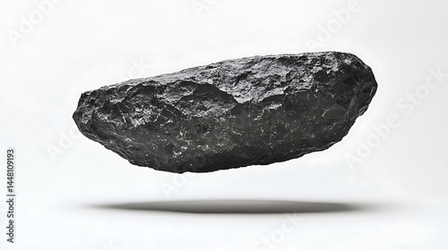 Textured black rare stone levitating in space showing intricate patterns and a rough mineral surface on white