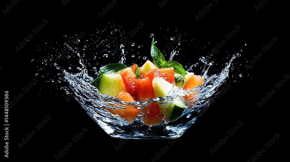 Fresh fruit splash in a glass bowl against a black background, showcasing vibrant colors and textures