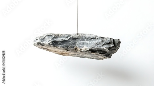 Suspended raw rare stone with cosmic meteorite characteristics isolated against a bright white background
