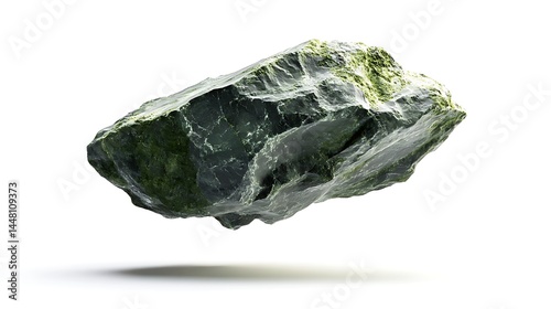 Suspended raw rare stone with cosmic meteorite characteristics isolated against a bright white background