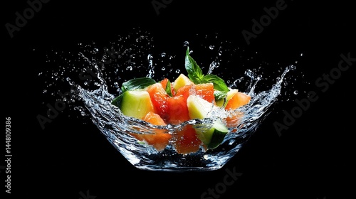 Obraz na płótnie Fresh fruit splash in a glass bowl against a black background, showcasing vibrant colors and textures w salonie