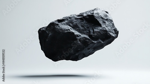 Isolated rare stone levitating in space with volcanic meteorite textures and deep black hues on white