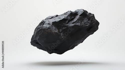 Dark rugged floating mineral rock resembling a meteorite suspended against a white void