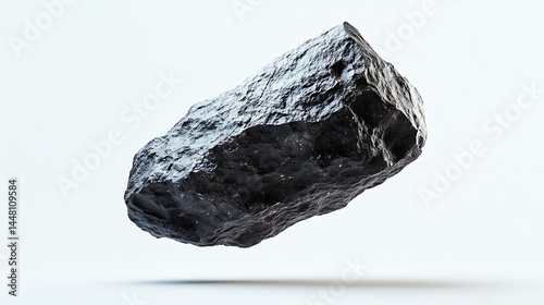 Isolated rare stone levitating in space with volcanic meteorite textures and deep black hues on white