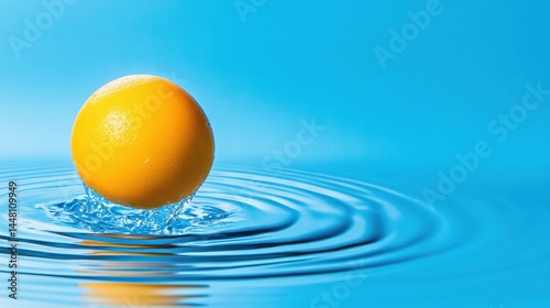 Obraz na płótnie A vibrant orange fruit splashes into a serene blue water surface, creating ripples and reflections w salonie