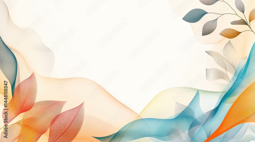 Abstract design featuring flowing colorful waves and leaves, creating a serene background for various uses