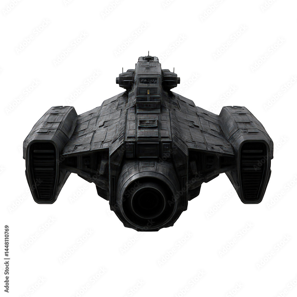 Detailed rear rendering of a dark gray futuristic spacecraft showing powerful engines and rugged hull. Detailed rear rendering of a dark gray futuristic spacecraft showing powerful engines and rugged hull.