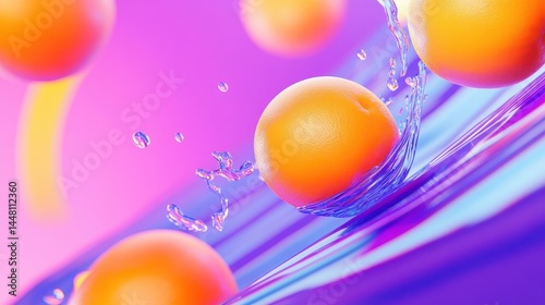 Obraz na płótnie Vibrant orange spheres splashing in water against a colorful gradient background w salonie