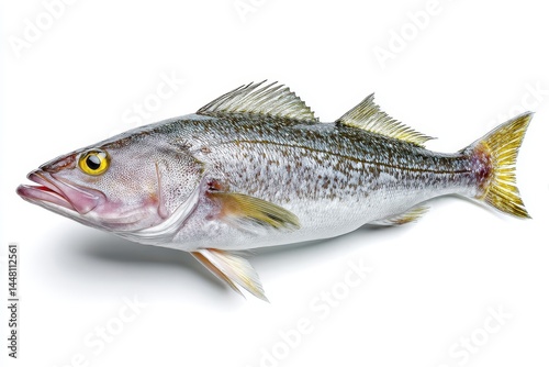 Isolated fresh raw Hake fish on white backdrop