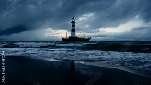 Dolly in video of a solitary lighthouse silhouette mirrored in a dark bay, dramatic sky, crashing waves. Haunting atmosphere
