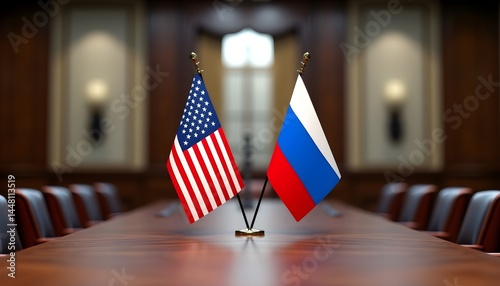 Diplomatic setting: US and Russian flags on the negotiating table in an empty negotiating room as symbols of international relations