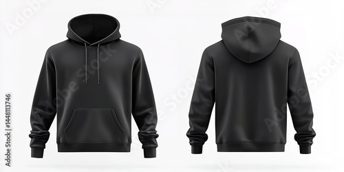 Black hoodie with front and back views on white background.