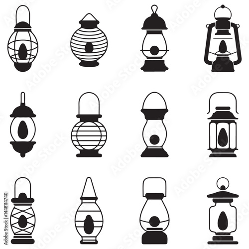 Set of lantern icons, vector illustration Vector Black silhouettes. with white background