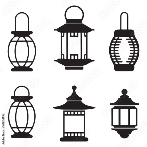Set of lantern icons, vector illustration Vector Black silhouettes. with white background